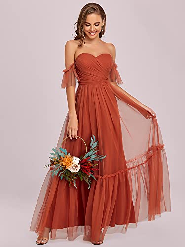 Ever-Pretty Women's Formal Dress Sweetheart Off-Shoulder Ruched Tulle Maxi Bridesmaid Dresses Burnt Orange US4