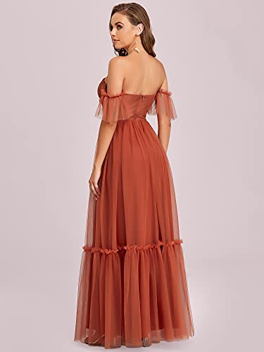 Ever-Pretty Women's Formal Dress Sweetheart Off-Shoulder Ruched Tulle Maxi Bridesmaid Dresses Burnt Orange US4