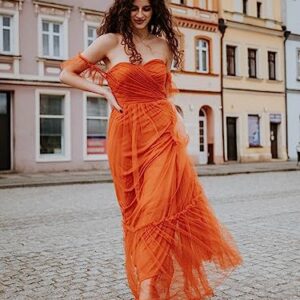 Ever-Pretty Women's Formal Dress Sweetheart Off-Shoulder Ruched Tulle Maxi Bridesmaid Dresses Burnt Orange US4