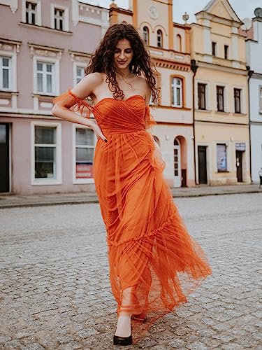 Ever-Pretty Women's Formal Dress Sweetheart Off-Shoulder Ruched Tulle Maxi Bridesmaid Dresses Burnt Orange US4