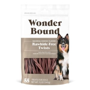 amazon brand - wonder bound bacon & cheese flavor twist sticks - 55 count - rawhide-free dog treats, dental health chews for plaque & tartar control, easy to digest, long-lasting