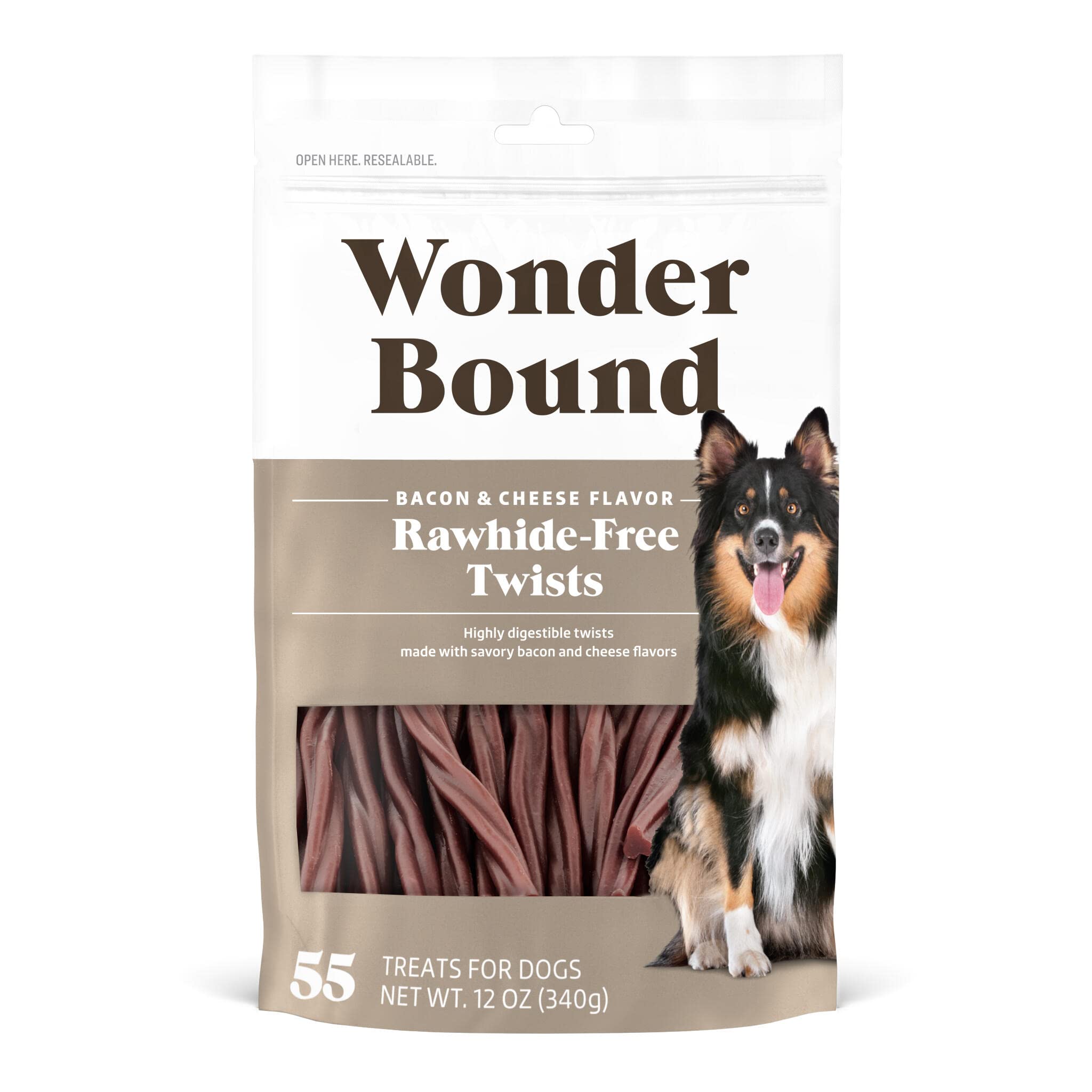 Amazon Brand - Wonder Bound Bacon & Cheese Flavor Twist Sticks - 55 Count - Rawhide-Free Dog Treats, Dental Health Chews for Plaque & Tartar Control, Easy to Digest, Long-Lasting