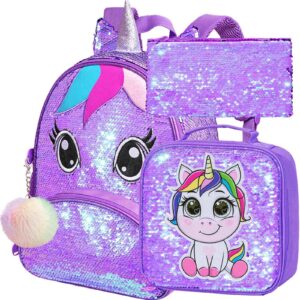 gxtvo toddler backpack for girls, unicorn sequin preschool bookbag and lunch box, 12" cute cartoon animal schoolbag