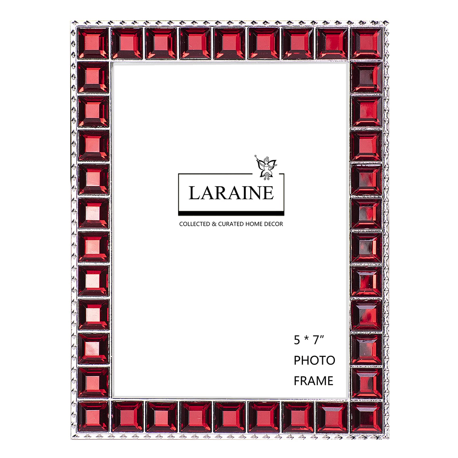 LARAINE Picture Photo Frame 5x7 Rhinestones Metal High Definition Glass Display Pictures for Tabletop Crystal Home Decorative Holiday Gift (Red, 5x7)