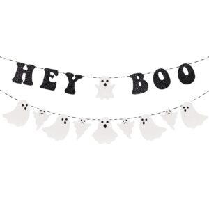 hey boo banner halloween party decorations, glittery ghost banner happy halloween party supplies, boo banner for halloween houses doorways indoor outdoor party decorations(black)