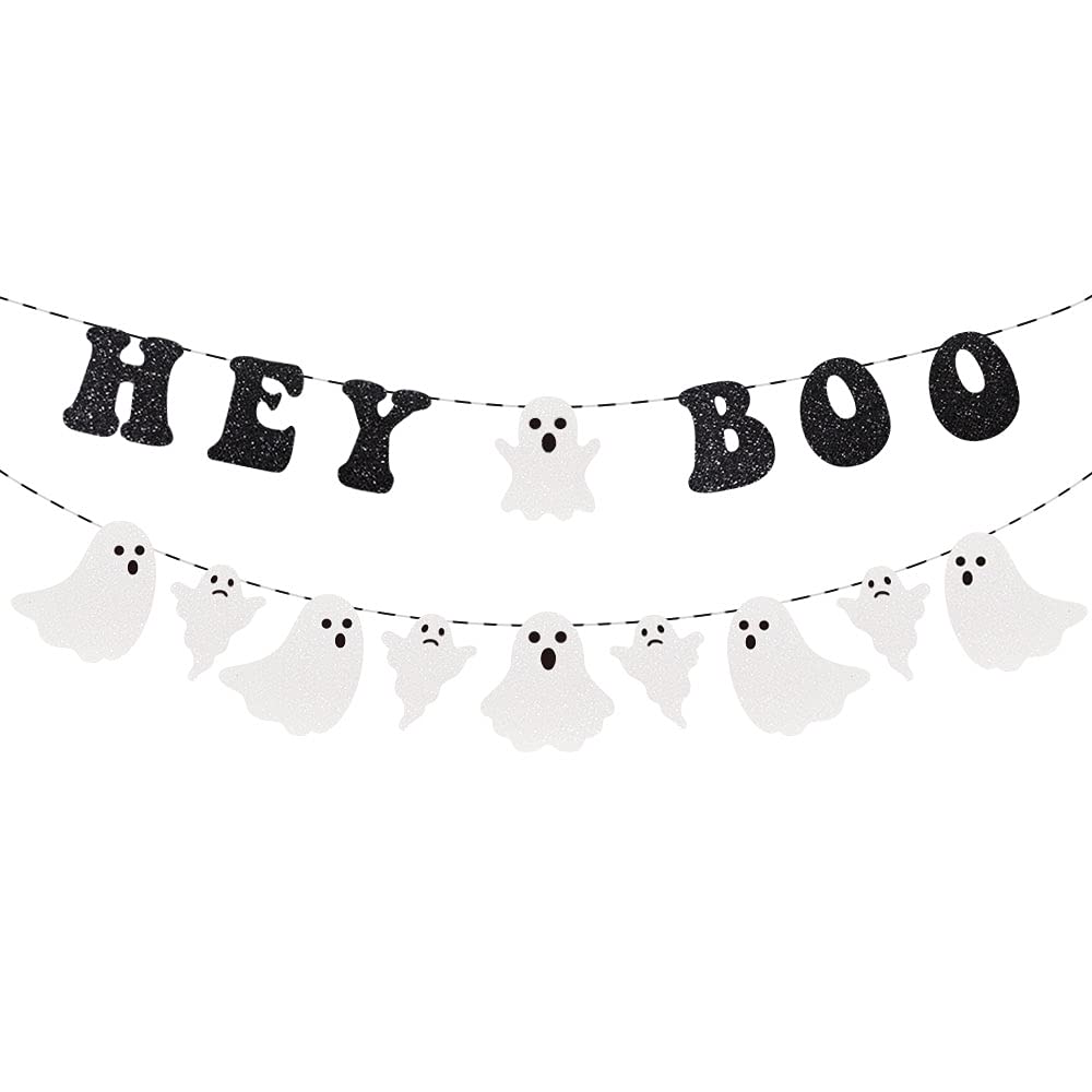 Hey Boo Banner Halloween Party Decorations, Glittery Ghost Banner Happy Halloween Party Supplies, Boo Banner for Halloween Houses Doorways Indoor Outdoor Party Decorations(Black)