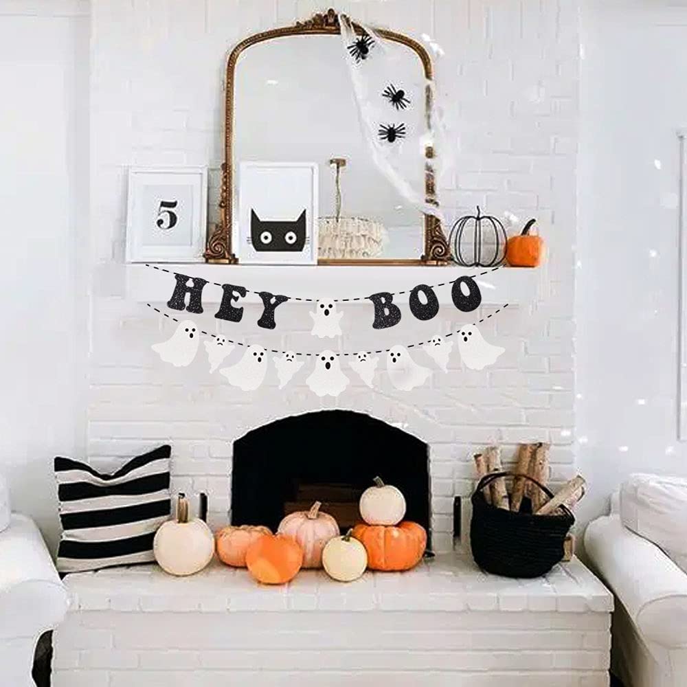 Hey Boo Banner Halloween Party Decorations, Glittery Ghost Banner Happy Halloween Party Supplies, Boo Banner for Halloween Houses Doorways Indoor Outdoor Party Decorations(Black)