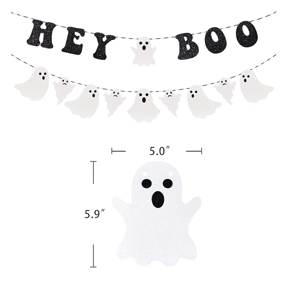 Hey Boo Banner Halloween Party Decorations, Glittery Ghost Banner Happy Halloween Party Supplies, Boo Banner for Halloween Houses Doorways Indoor Outdoor Party Decorations(Black)