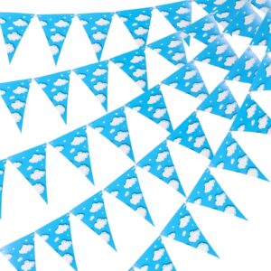 gersoniel 5 pcs blue triangle flag with story sky white color cloud decor boy girl toy birthday party decoration story cartoon cloud party banner one side print for baby shower kids party supplies