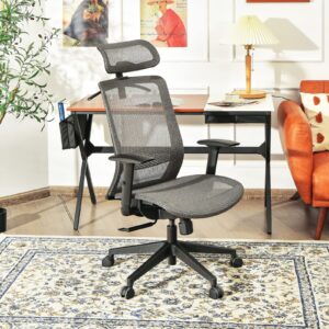 powerstone ergonomic office chair - high-back computer desk mesh chair with clothing hanger - executive swivel task chair with adjustable arms and head rest (gray)
