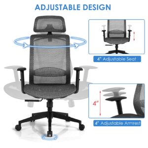 POWERSTONE Ergonomic Office Chair - High-Back Computer Desk Mesh Chair with Clothing Hanger - Executive Swivel Task Chair with Adjustable Arms and Head Rest (Gray)