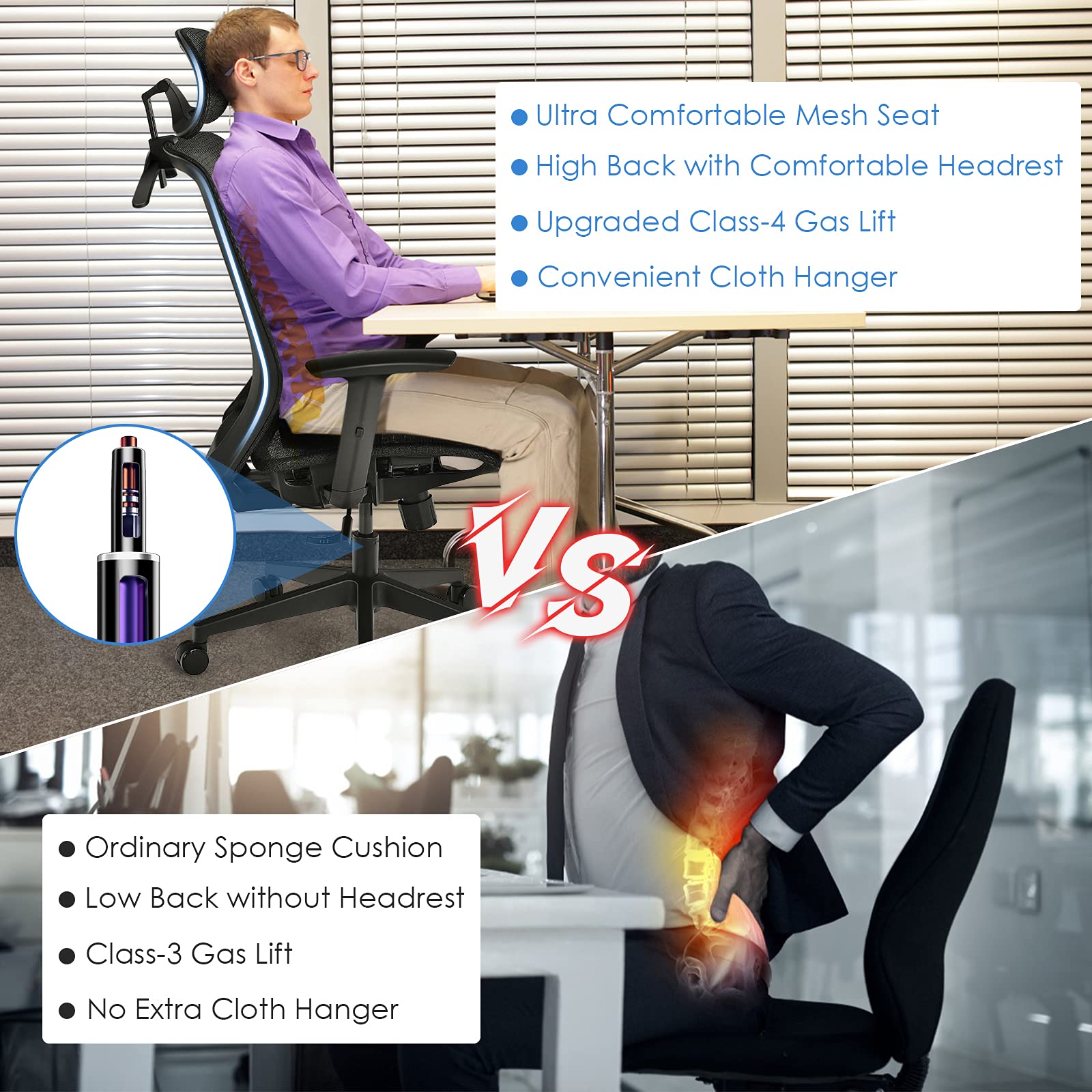 POWERSTONE Ergonomic Office Chair - High-Back Computer Desk Mesh Chair with Clothing Hanger - Executive Swivel Task Chair with Adjustable Arms and Head Rest (Gray)