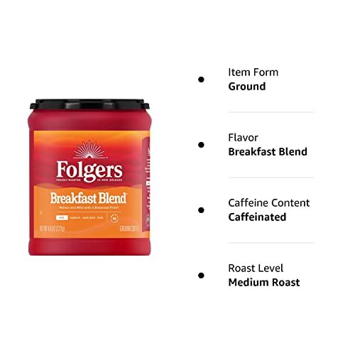 Folgers Breakfast Blend medium_roast Ground Coffee, Smooth & Mild Coffee, 9.6 Ounce Canister