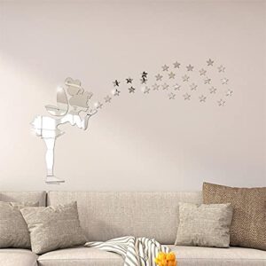 luckymeet Wall Decals Stickers Acrylic Wall Stickers Cute Little Fairy Stars,3D Mirror Modern DIY Wall Stickers for Kids Room Bedroom Kindergarten, Silver