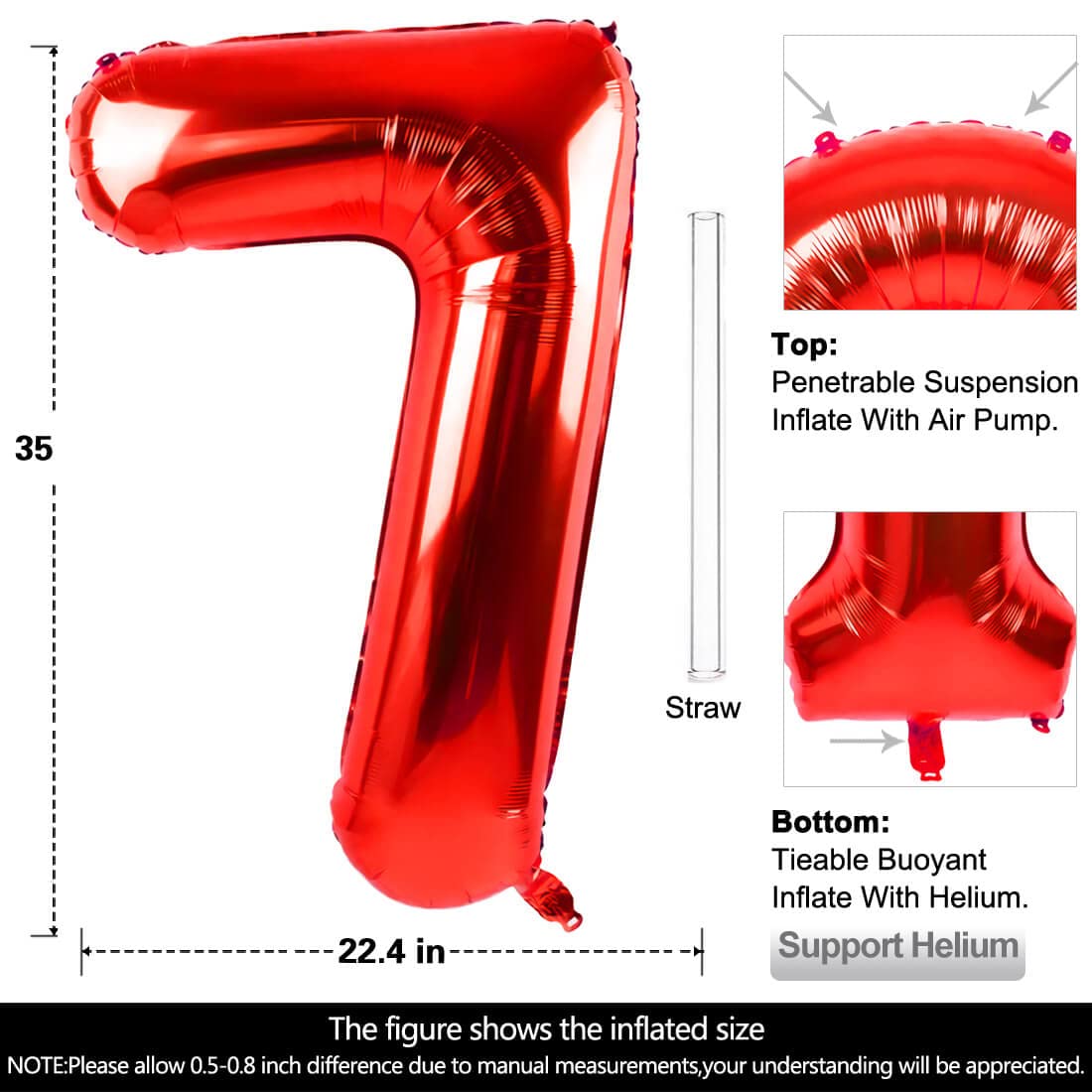 40 Inch Large Red Number 7 Balloon Extra Big Size Jumbo Digit Mylar Foil Helium Balloons for Birthday Party Celebration Decorations Graduations Wedding Anniversary Baby Shower Supplies Photo Shoot