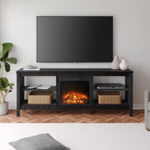 WAMPAT Fireplace TV Stand 75 inch, Electric Fireplace Entertainment Center for 80 inch TV, Farmhouse Wood Media Storage TV Console Table for Living Room Bedroom Office, Black