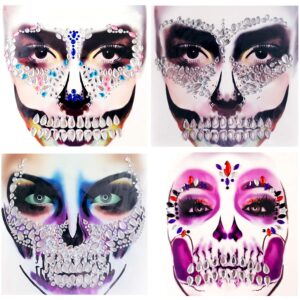 day of the died skull face gems jewels, 4-pack temporary rhinestone face tattoo, face stickers gems jewels for halloween