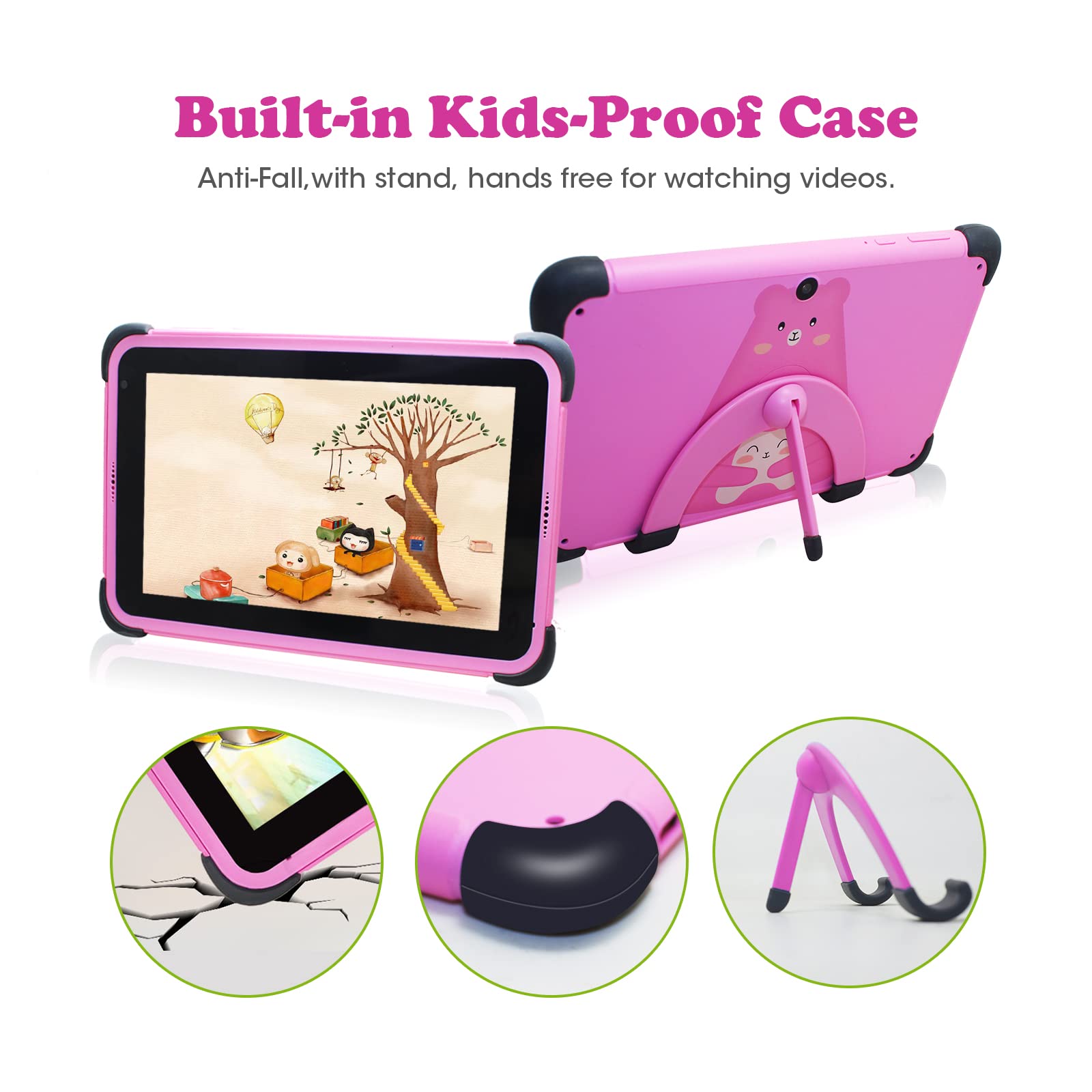 weelikeit 7 inch Kids Tablet, Android 11.0 Tablet PC for Kids, 2GB RAM 32GB ROM Child Tablet with WiFi, IPS HD Display,Dual Camera,Parental Control,Built in Kid-Proof Case,with Stylus(Pink)