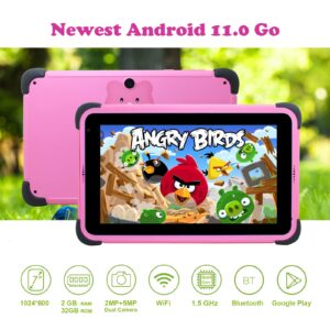 weelikeit 7 inch Kids Tablet, Android 11.0 Tablet PC for Kids, 2GB RAM 32GB ROM Child Tablet with WiFi, IPS HD Display,Dual Camera,Parental Control,Built in Kid-Proof Case,with Stylus(Pink)