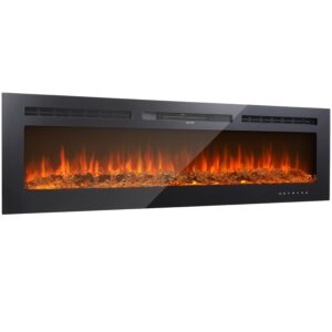 athlike 60'' recessed and wall mounted electric fireplace, 750/1500w low noise linear heater, with multicolor flame and 5 flame brightness, log&crystal, touch screen remote control,1-8h timer, black