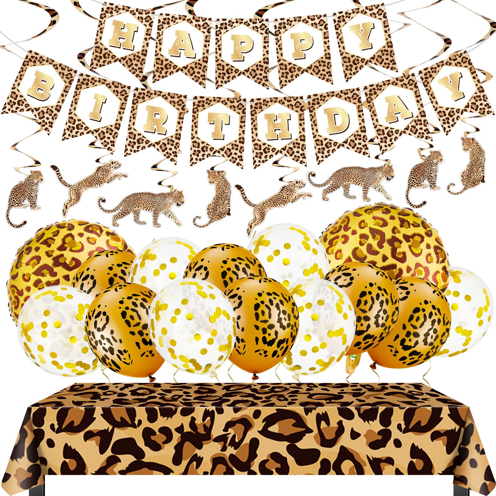 Civaner 25 Pieces Cheetah Happy Birthday Decorations Leopard Print Banner Leopard Balloons Leopard Print Plastic Tablecloth Cheetah Print Streamers for Boy Girl Baby Shower Supplies Decorations