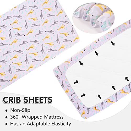 Honkaii Crib Bedding Set for Boys or Girls 3 Piece, Crib Sheet, Crib Skirt, Crib Comforter Included, Grey Crib Set for Boys, 100% Cotton Baby Nursery Bedding Decor, Jungle Giraffe Theme