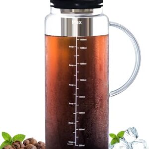 Aquach Cold Brew Coffee Iced Tea Maker & Fruit Pitcher - Large Capacity 51 Ounces - with Durable Glass Carafe/Fine Mesh Steel Infuser/Airtight Lid