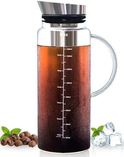 Aquach Cold Brew Coffee Iced Tea Maker & Fruit Pitcher - Large Capacity 51 Ounces - with Durable Glass Carafe/Fine Mesh Steel Infuser/Airtight Lid