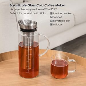 Aquach Cold Brew Coffee Iced Tea Maker & Fruit Pitcher - Large Capacity 51 Ounces - with Durable Glass Carafe/Fine Mesh Steel Infuser/Airtight Lid