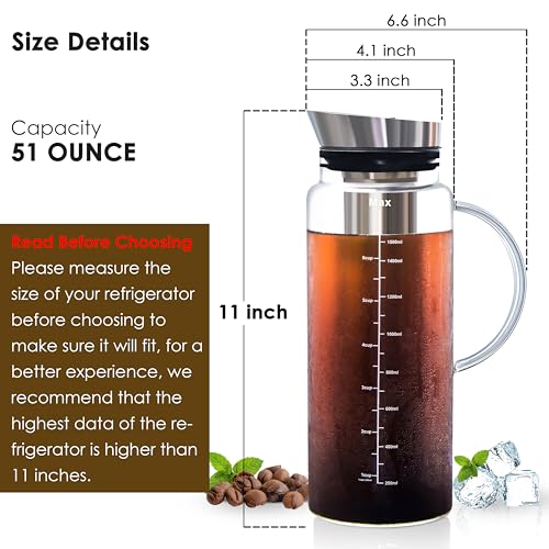 Aquach Cold Brew Coffee Iced Tea Maker & Fruit Pitcher - Large Capacity 51 Ounces - with Durable Glass Carafe/Fine Mesh Steel Infuser/Airtight Lid