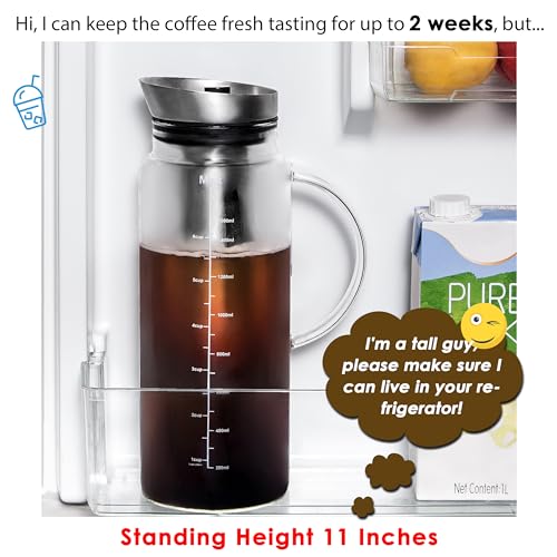 Aquach Cold Brew Coffee Iced Tea Maker & Fruit Pitcher - Large Capacity 51 Ounces - with Durable Glass Carafe/Fine Mesh Steel Infuser/Airtight Lid