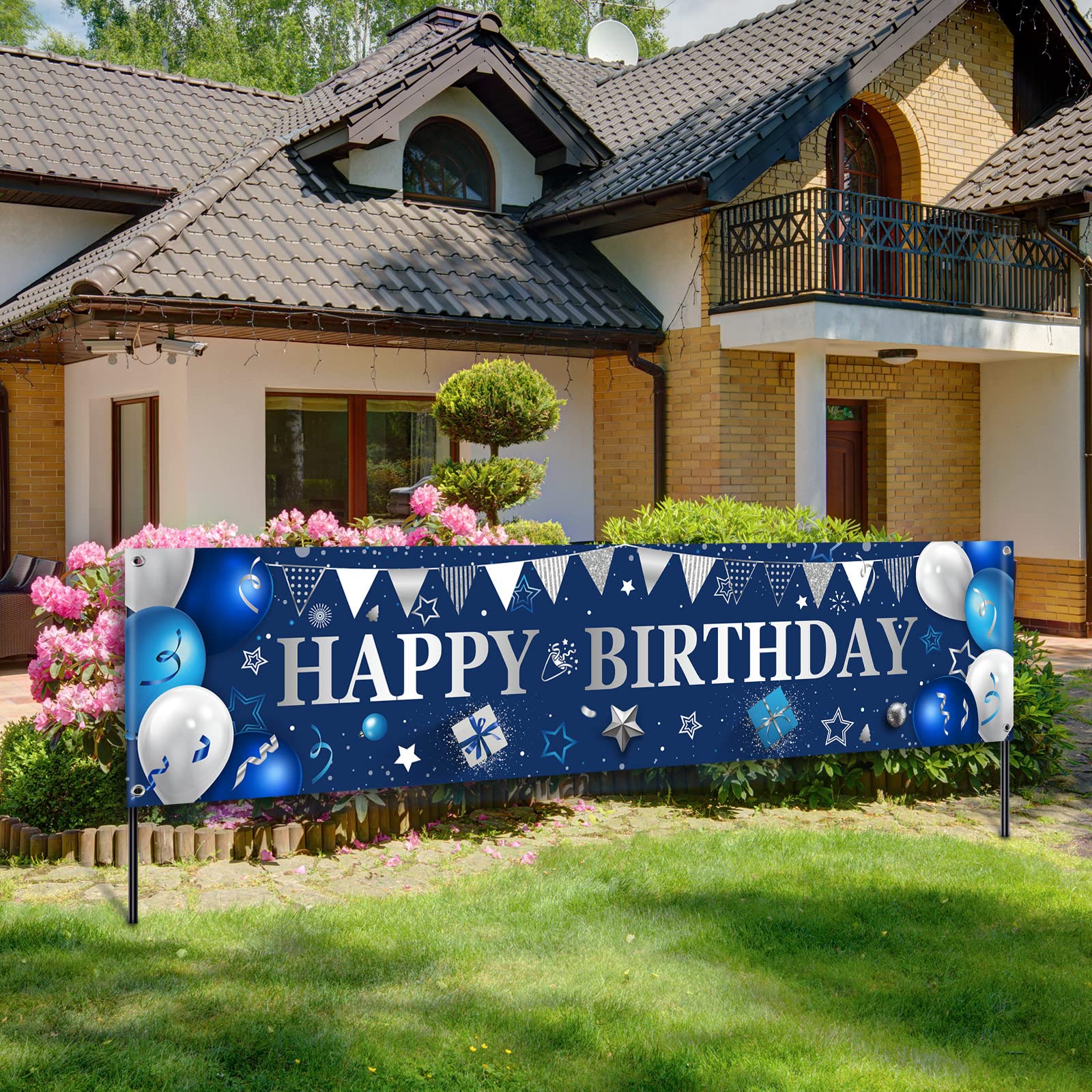 Yard Banner for Happy Birthday Gifts Large Navy Blue Birthday Banners for Outside Birthday Banner Birthday Decorations Backdrop for Men Women Birthday Party Supplies Outdoor and Indoor (Blue, Silver)