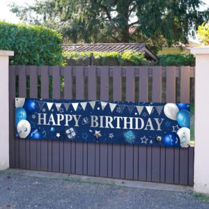 Yard Banner for Happy Birthday Gifts Large Navy Blue Birthday Banners for Outside Birthday Banner Birthday Decorations Backdrop for Men Women Birthday Party Supplies Outdoor and Indoor (Blue, Silver)