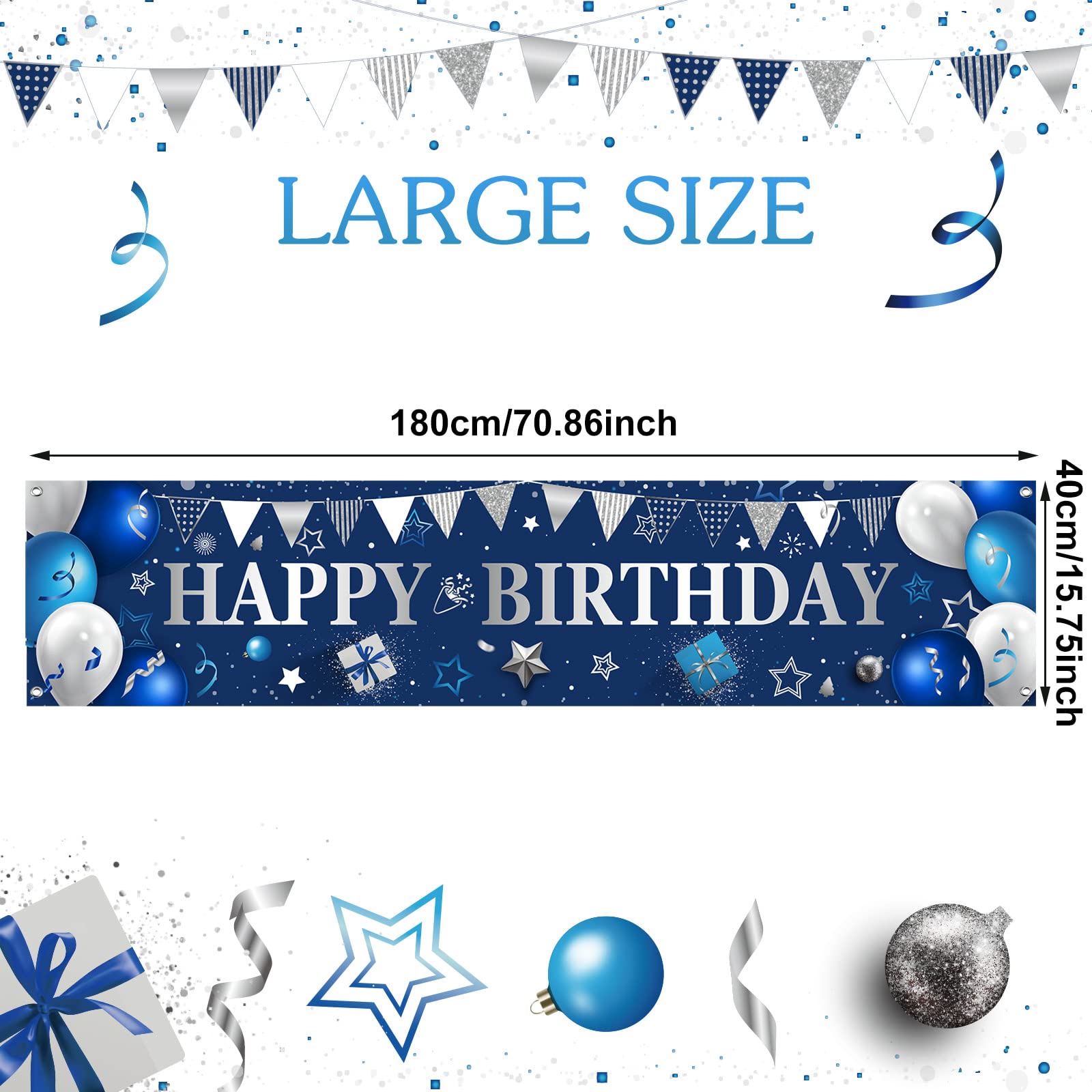 Yard Banner for Happy Birthday Gifts Large Navy Blue Birthday Banners for Outside Birthday Banner Birthday Decorations Backdrop for Men Women Birthday Party Supplies Outdoor and Indoor (Blue, Silver)