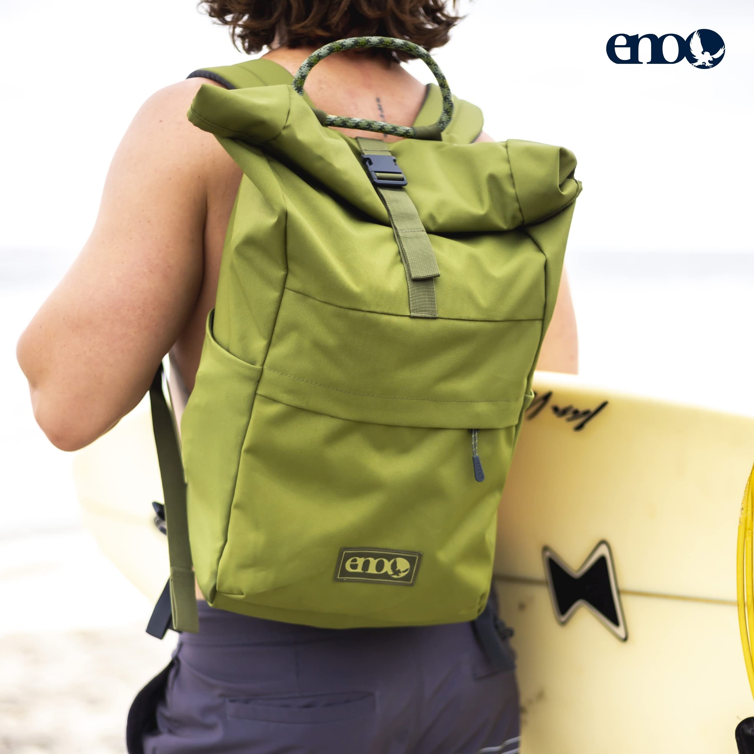 ENO Roan Rolltop Pack - 20L Outdoor Backpack for Men and Women - for Hiking, Camping, Backpacking, Beach, and Festivals - Moss