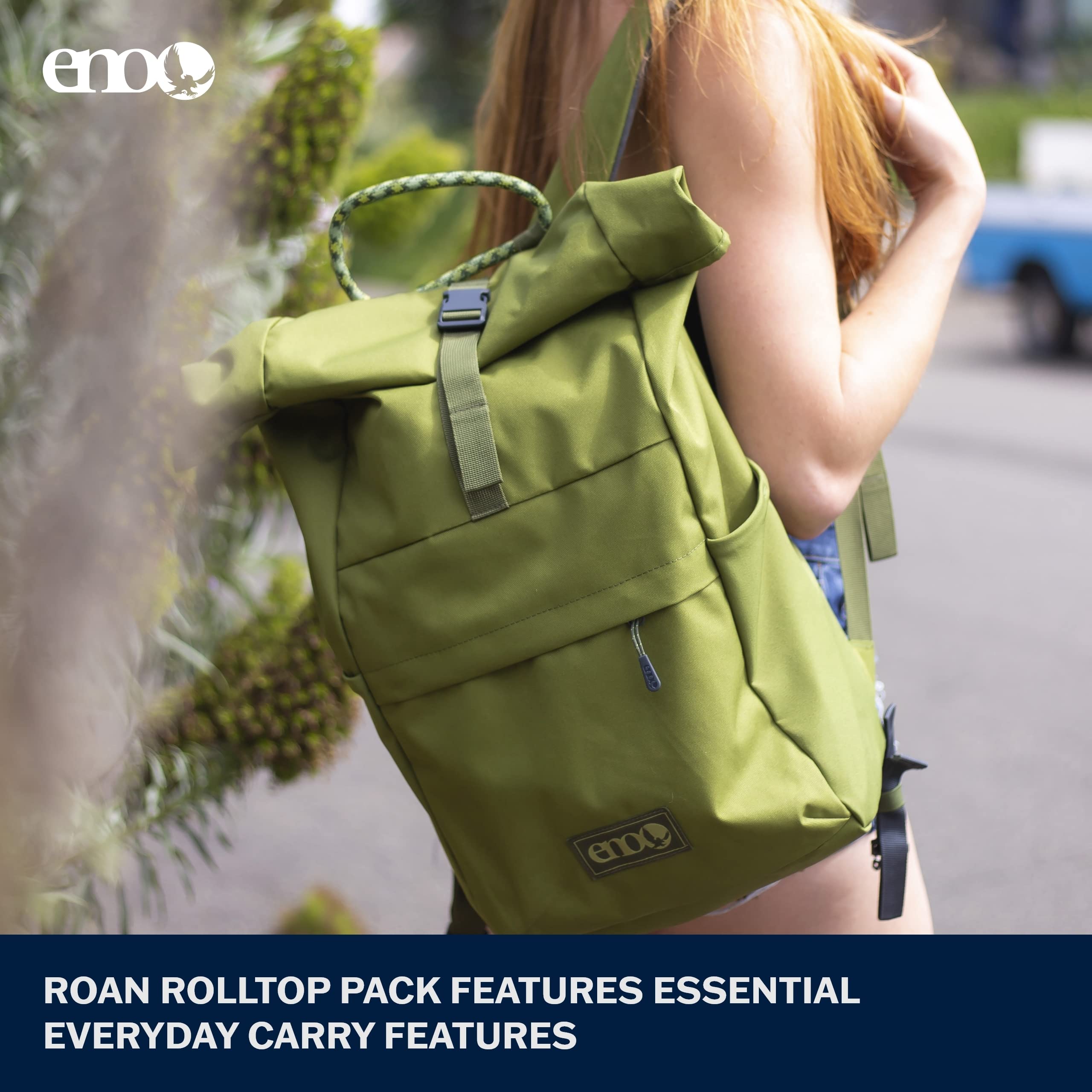 ENO Roan Rolltop Pack - 20L Outdoor Backpack for Men and Women - for Hiking, Camping, Backpacking, Beach, and Festivals - Moss