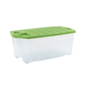 rubbermaid 28 gallon/112 quart jumbo clear tote, pack of 2, stackable, large capacity, clear bins/bright green lids, home, garage, and office storage organizer, durable snap-tight lids