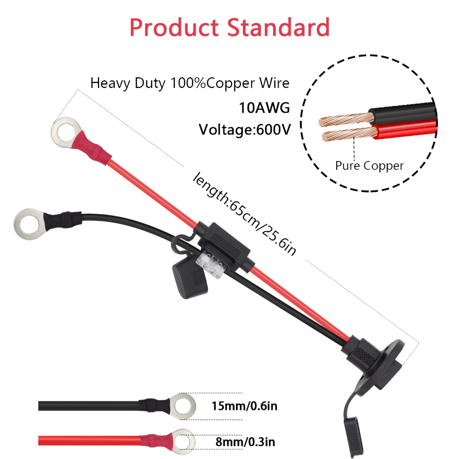 Billion wealth SAE Power Socket Sidewall Port to O Ring Connecters Extension Cord Cable Connector with 10A 15A 20A 25A 30A Fuse (10AWG 2FT)