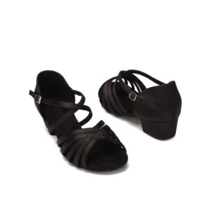 HXYOO Low Heel Practice Womens Ballroom Dance Shoes for Social Beginner Salsa Latin Dancing Wedding Party 1 1/2 inch heel S05(Black-1.5" heel,10)
