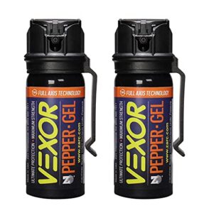 vexor® pepper gel from zarc™, maximum strength police pepper spray, gel is the future, full axis (360°) technology shoots from any angle 18-feet, flip-top safety aand belt clip included (2 pack)