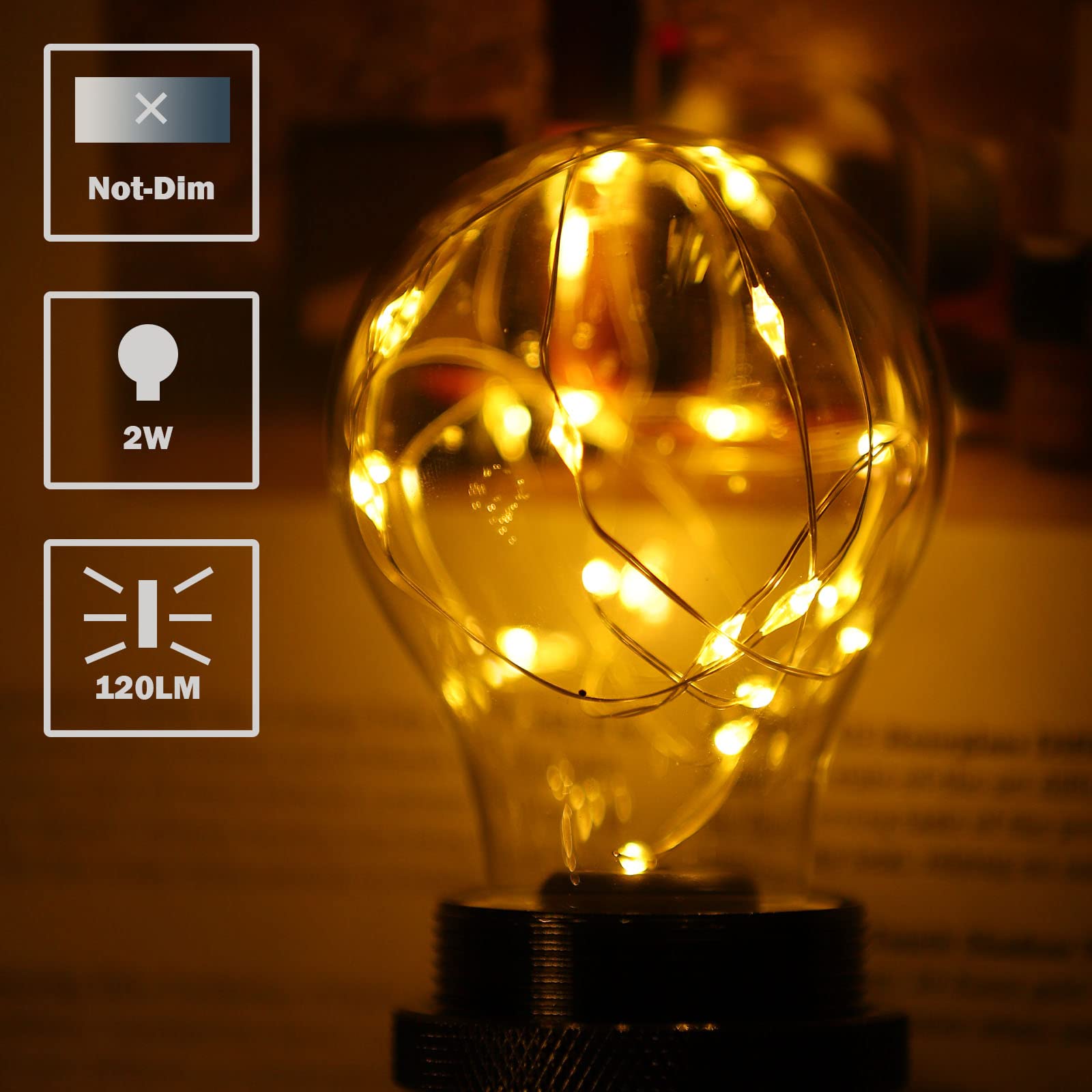 HOWORR Decorative Light Bulb, 2W LED Fairy Light Bulbs, 15W Equivalent Cute Light Bulbs for Pendant Light Fixtures, Bedroom, Living Room, Christmas, Wedding, Warm White, E26 Base