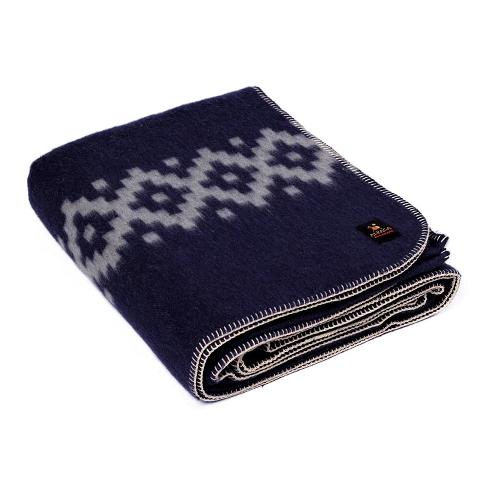 Thick Alpaca Wool Blanket Heavyweight Camping Outdoors Indoors Soft Peru King Size Ethnic Design (Navy Blue - Soft Gray, King Size)