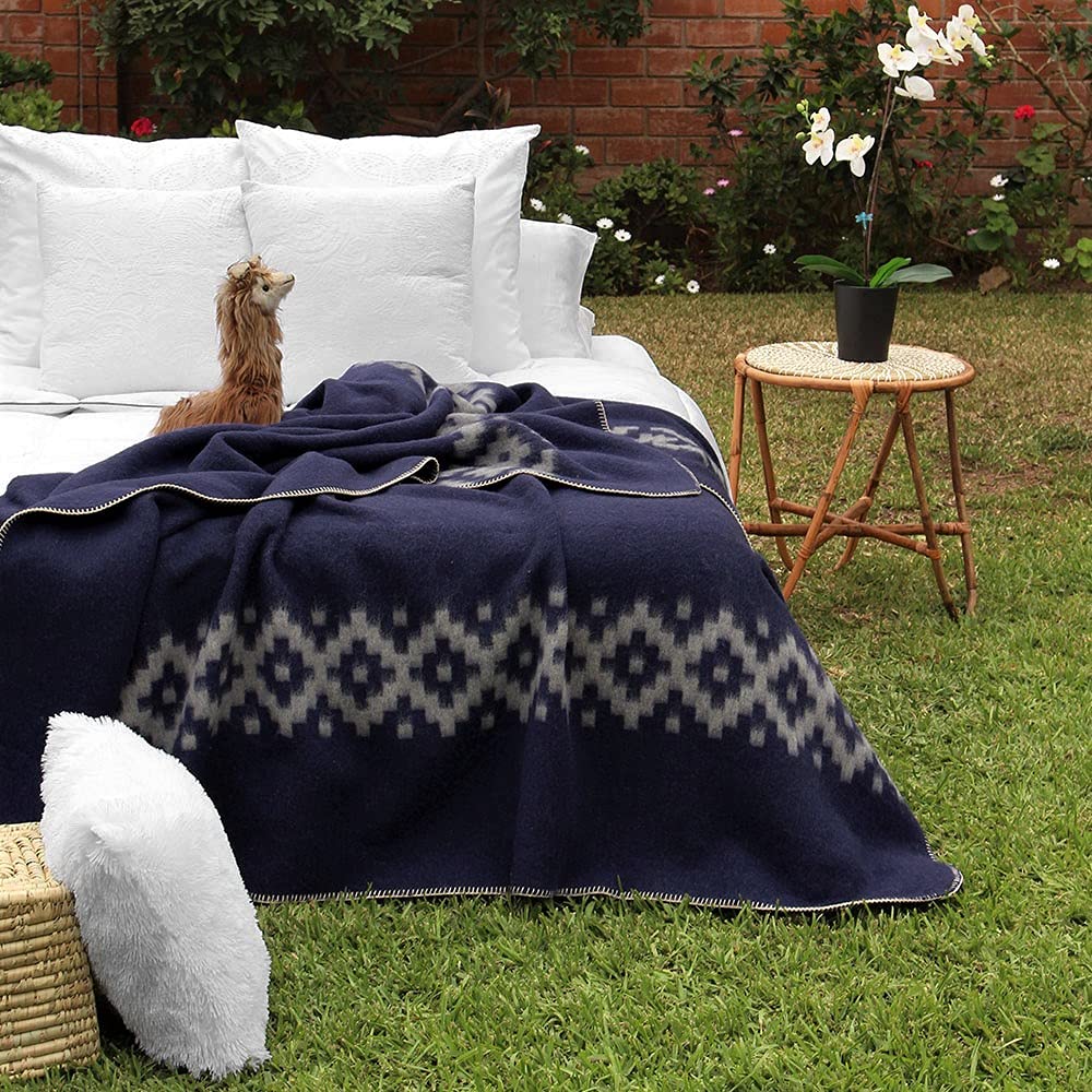 Thick Alpaca Wool Blanket Heavyweight Camping Outdoors Indoors Soft Peru King Size Ethnic Design (Navy Blue - Soft Gray, King Size)