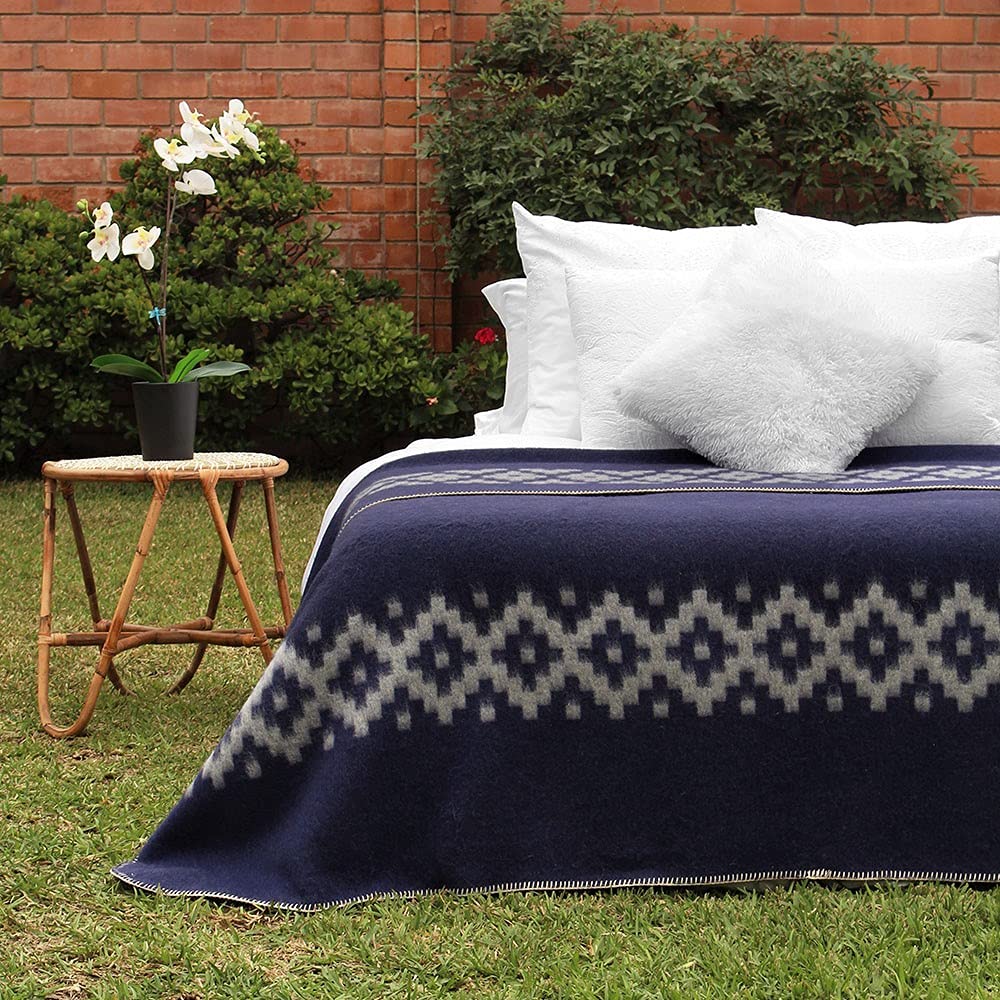 Thick Alpaca Wool Blanket Heavyweight Camping Outdoors Indoors Soft Peru King Size Ethnic Design (Navy Blue - Soft Gray, King Size)