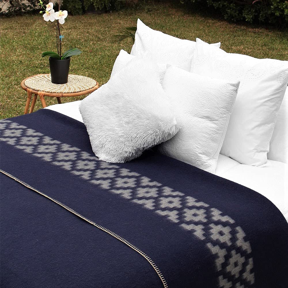 Thick Alpaca Wool Blanket Heavyweight Camping Outdoors Indoors Soft Peru King Size Ethnic Design (Navy Blue - Soft Gray, King Size)