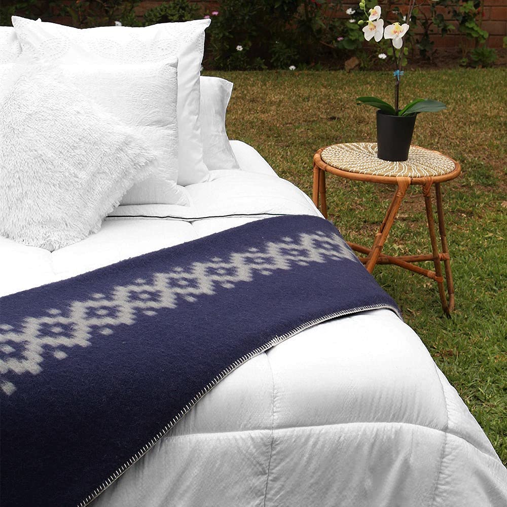 Thick Alpaca Wool Blanket Heavyweight Camping Outdoors Indoors Soft Peru King Size Ethnic Design (Navy Blue - Soft Gray, King Size)