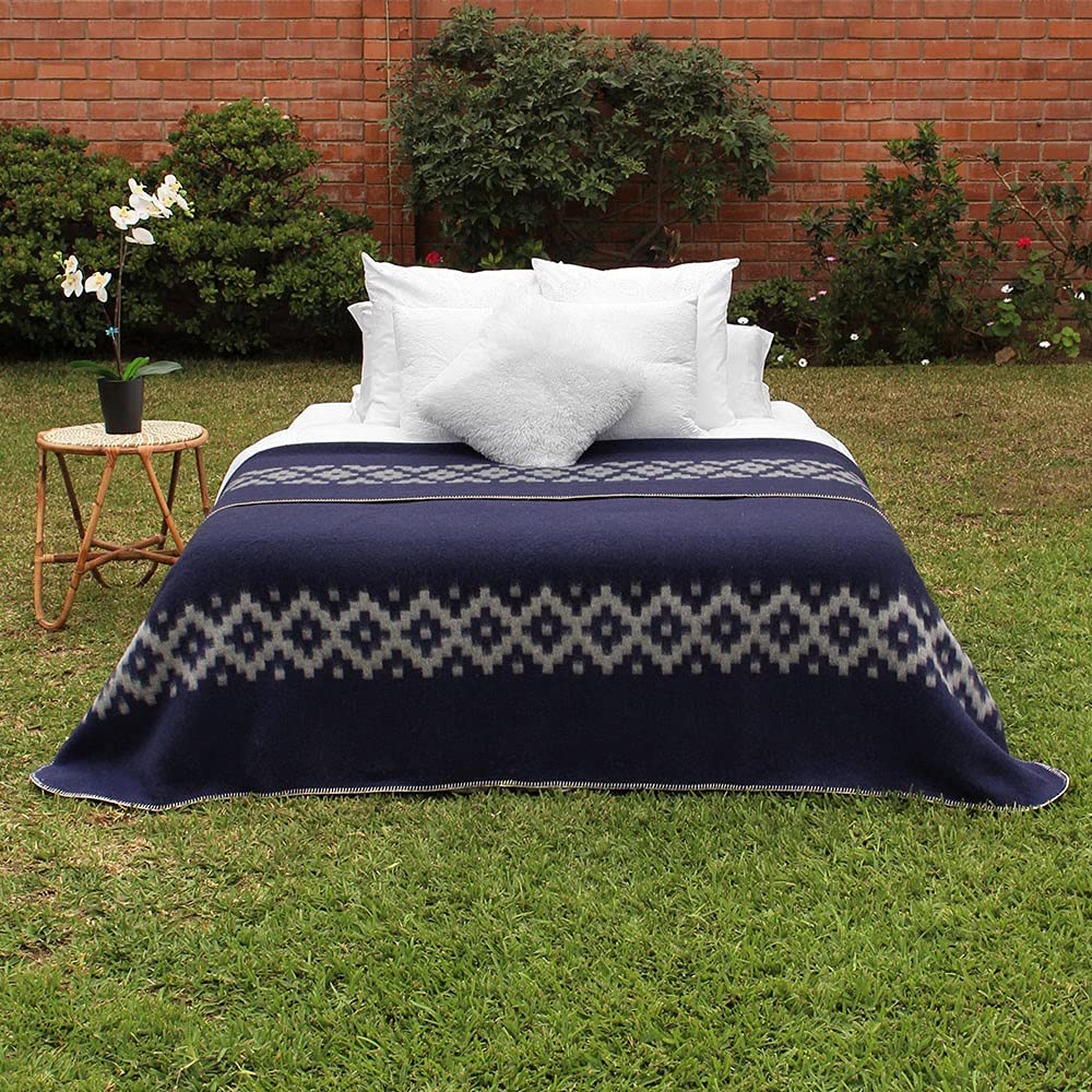 Thick Alpaca Wool Blanket Heavyweight Camping Outdoors Indoors Soft Peru King Size Ethnic Design (Navy Blue - Soft Gray, King Size)