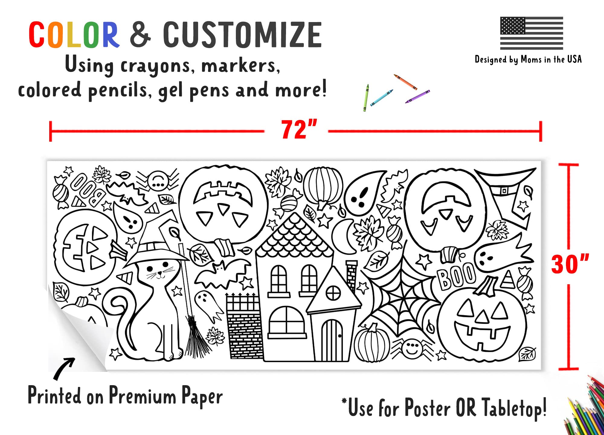 Tiny Expressions Giant Halloween Coloring Poster for Kids - 30 x 72 Inches Jumbo Paper Banner or Table Cover for School Parties or Events