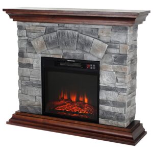 thermomate 40 inch stone mantel package with 18 inch built in modern rock face electric fireplace with realistic log set, grey