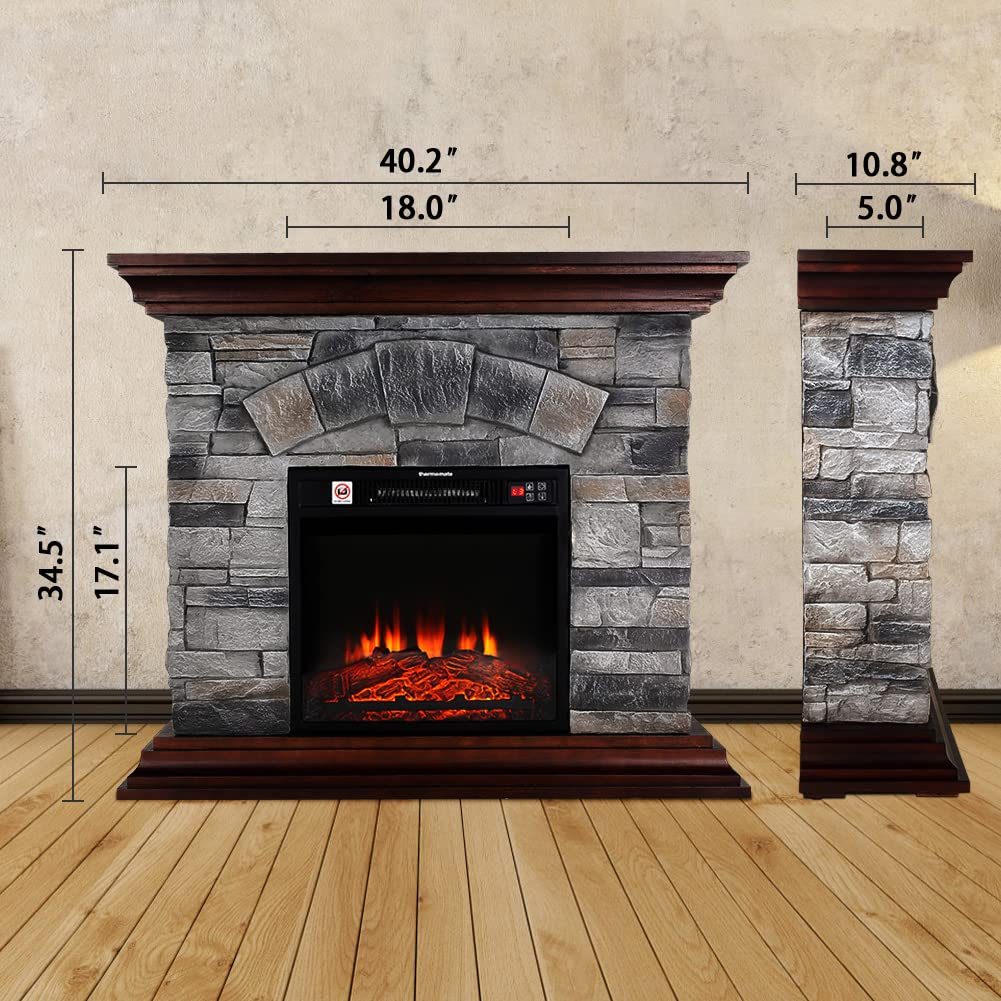 thermomate 40 Inch Stone Mantel Package with 18 Inch Built in Modern Rock Face Electric Fireplace with Realistic Log Set, Grey